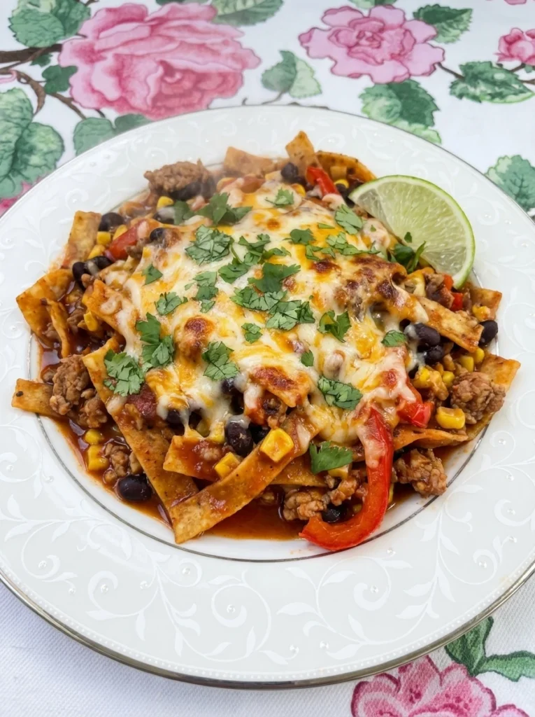 Healthy Enchilada Skillet served with melted cheese cilantro and lime.