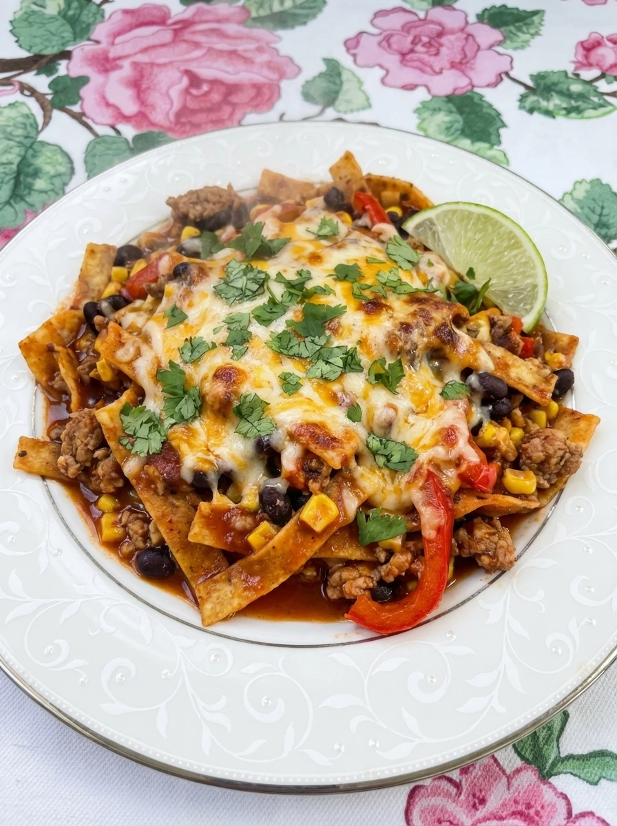 Healthy Enchilada Skillet served with melted cheese cilantro and lime.