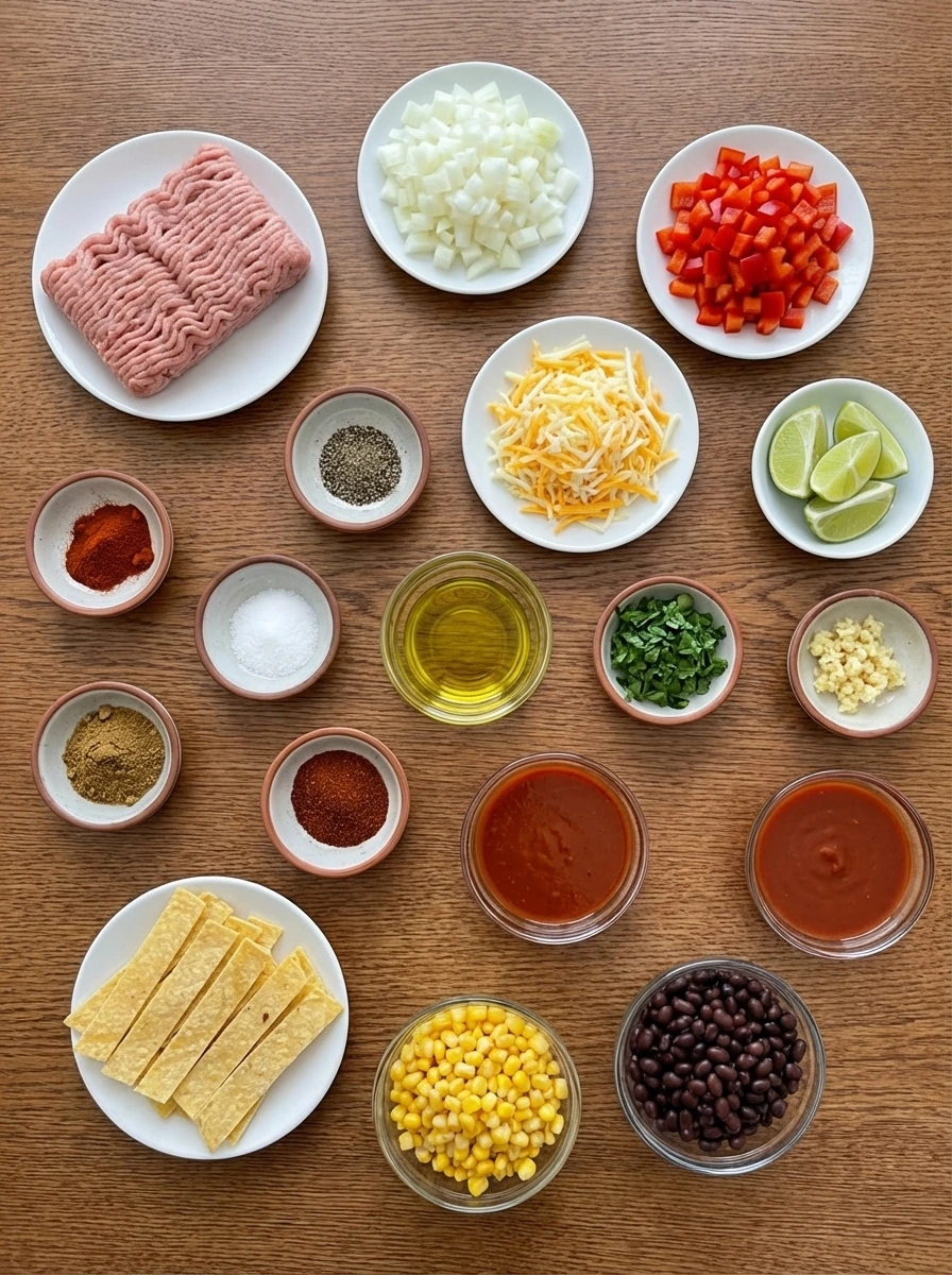 Ingredients for Healthy Enchilada Skillet arranged in separate containers.