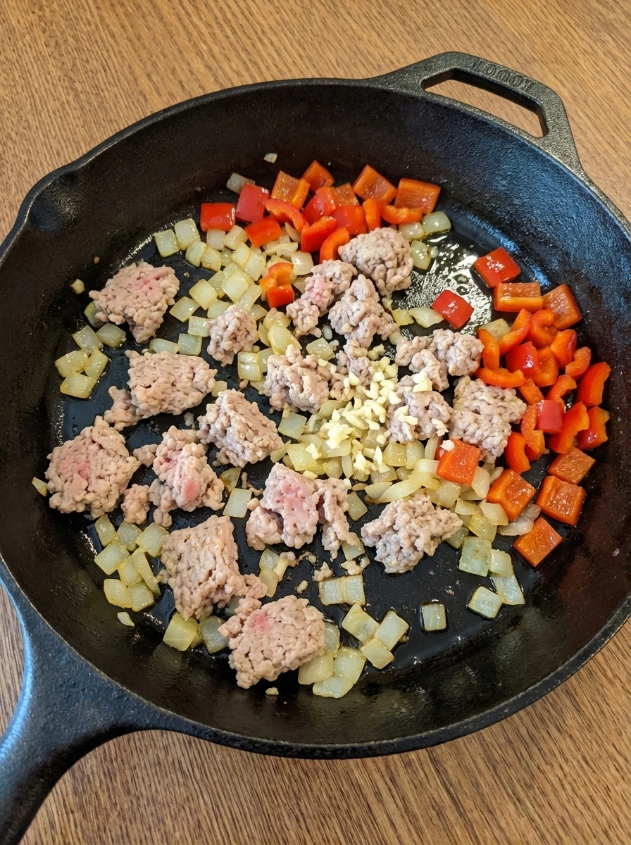 Turkey onion and bell pepper cooking together for Healthy Enchilada Skillet.