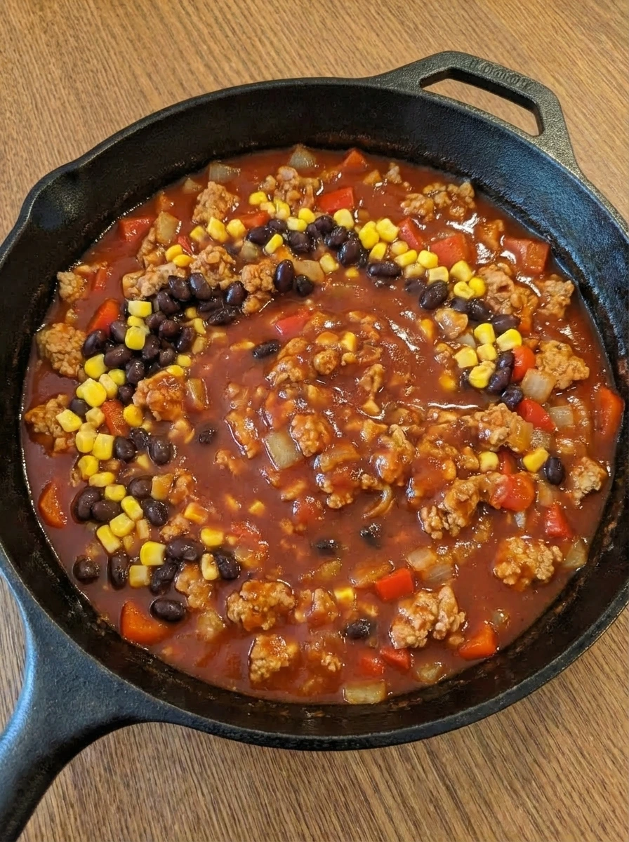 Enchilada sauce beans and corn stirred into the turkey mixture.