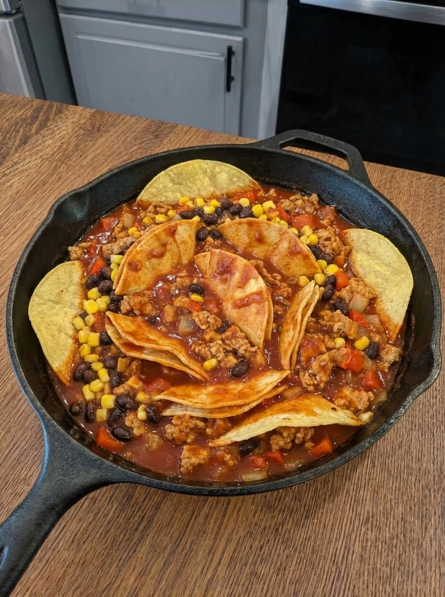 Tortilla strips folded into the enchilada skillet mixture.