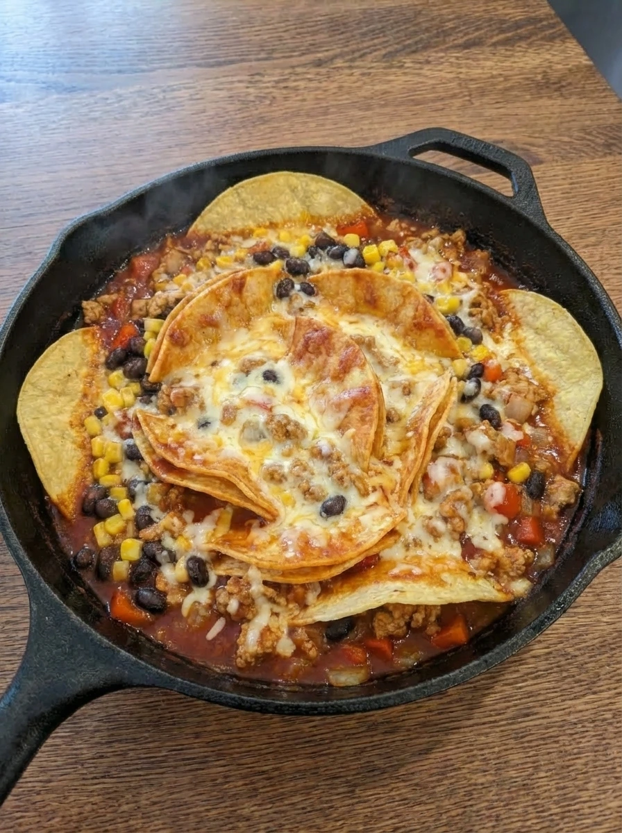 Melted cheese over the enchilada skillet with visible sauce and beans.