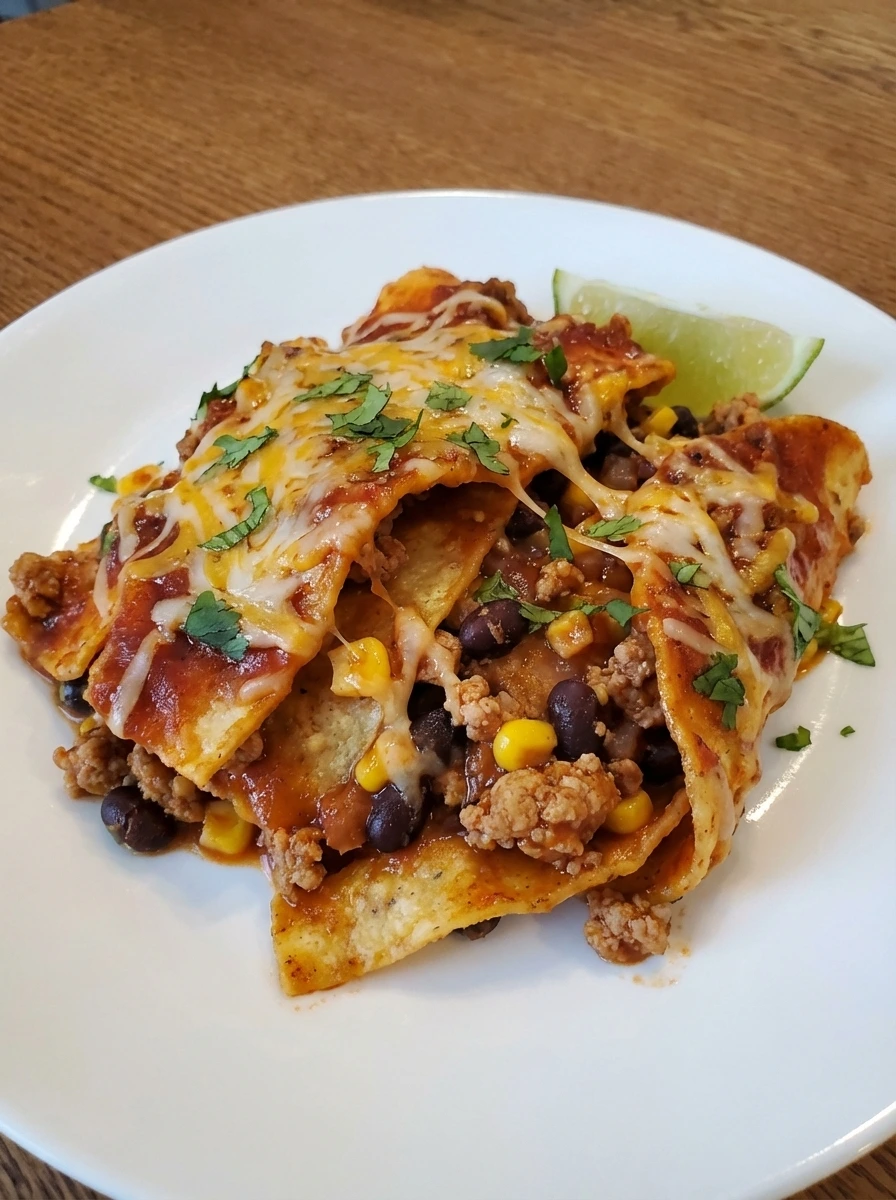 Plated portion of Healthy Enchilada Skillet with cilantro and lime.