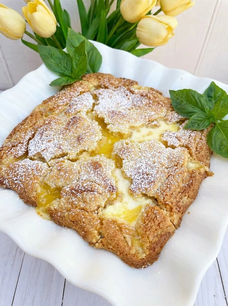 Lemon Cream Cheese Dump Cake with golden topping and creamy lemon filling