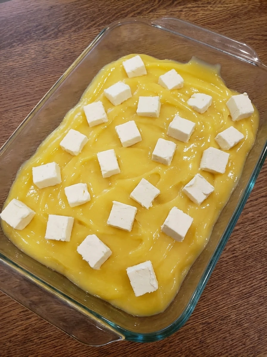 Lemon filling and cream cheese layered in baking dish