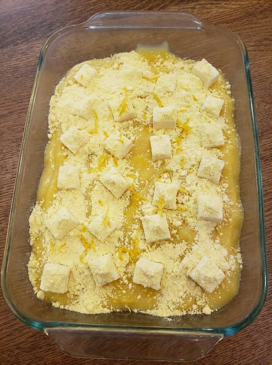 Dry cake mix and lemon zest layered over lemon filling