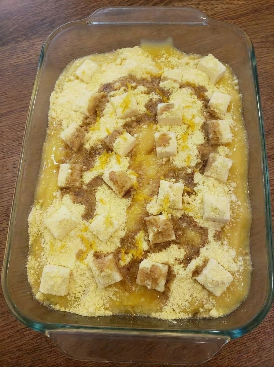 Melted butter drizzled over cake mix for dump cake