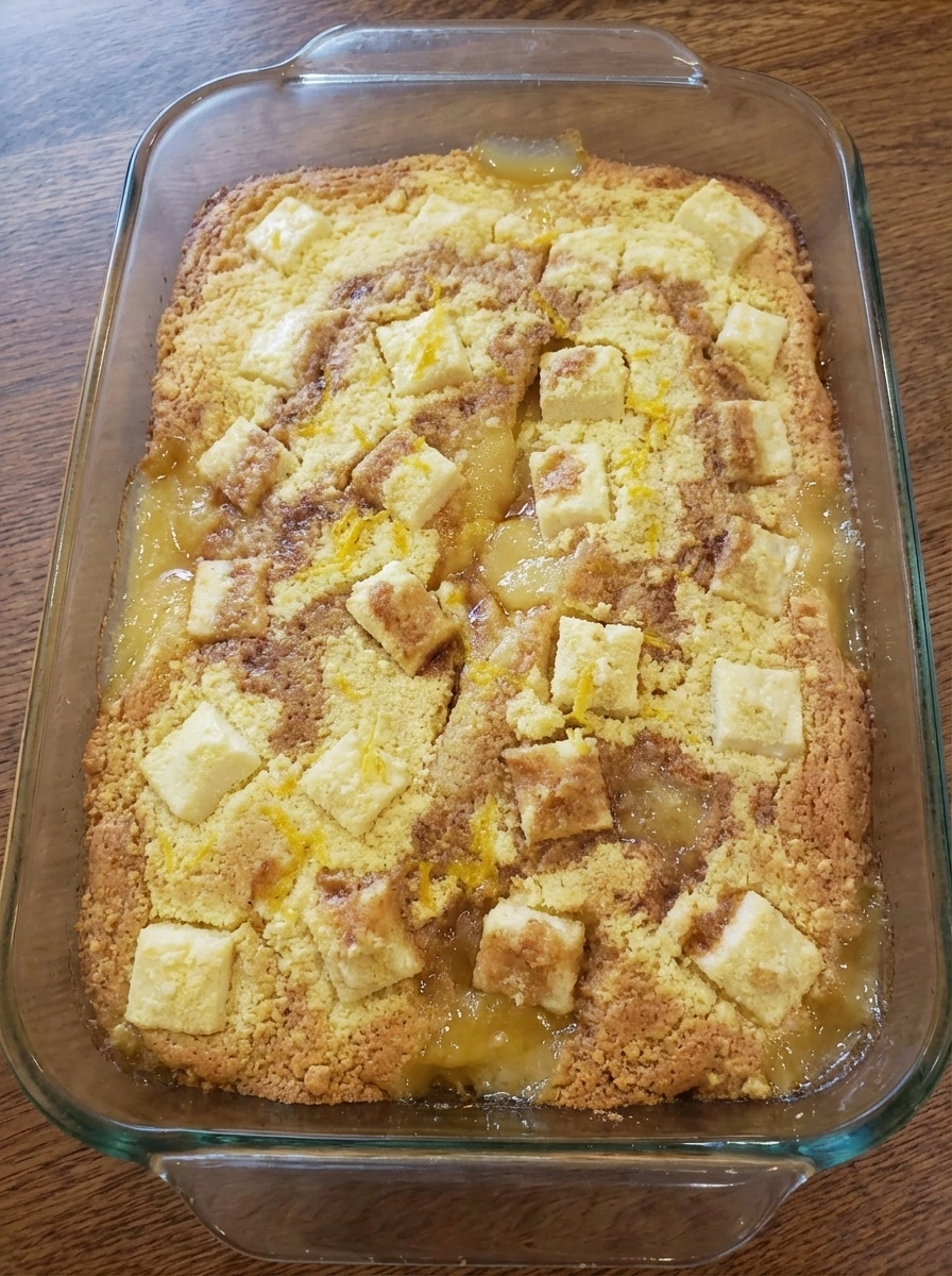Baked Lemon Cream Cheese Dump Cake golden and bubbling