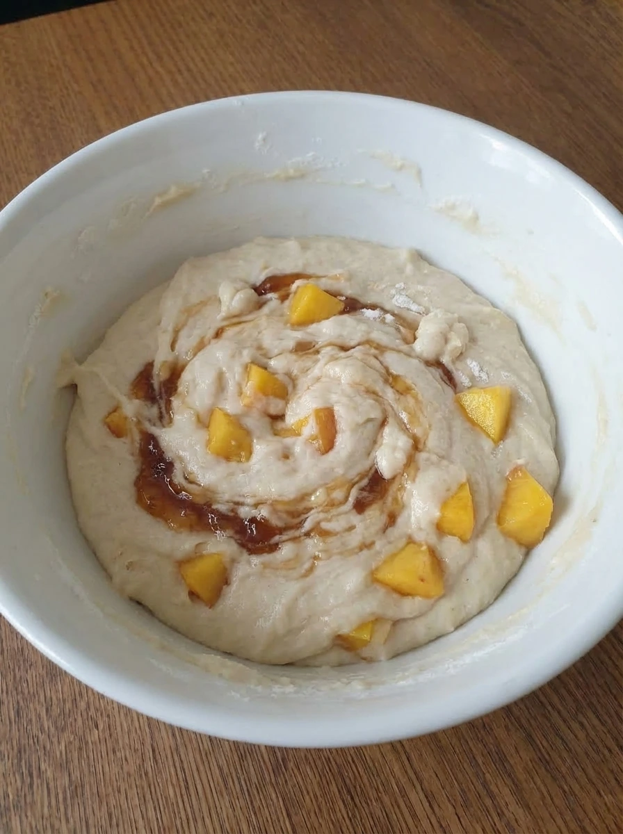 Peach filled biscuit batter with preserve streaks in a white dish