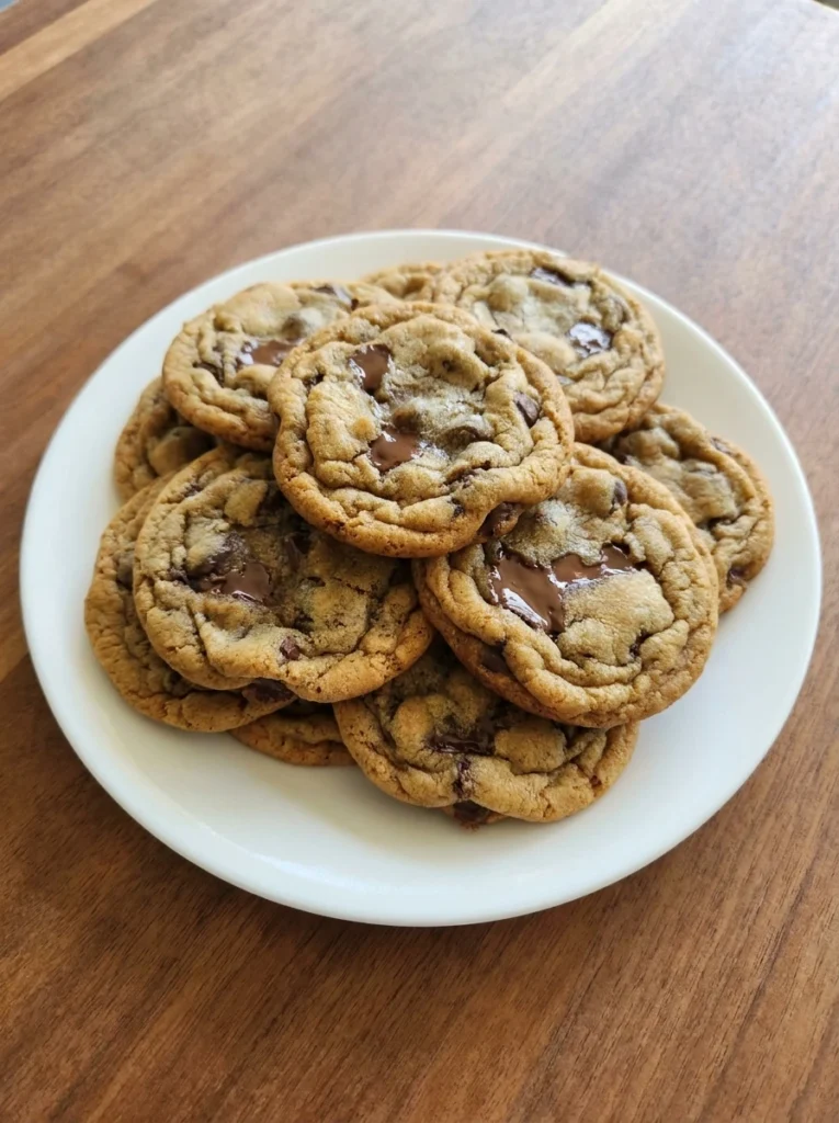 Soft Chocolate Chip Cookies on a white plate with golden edges and soft centers.