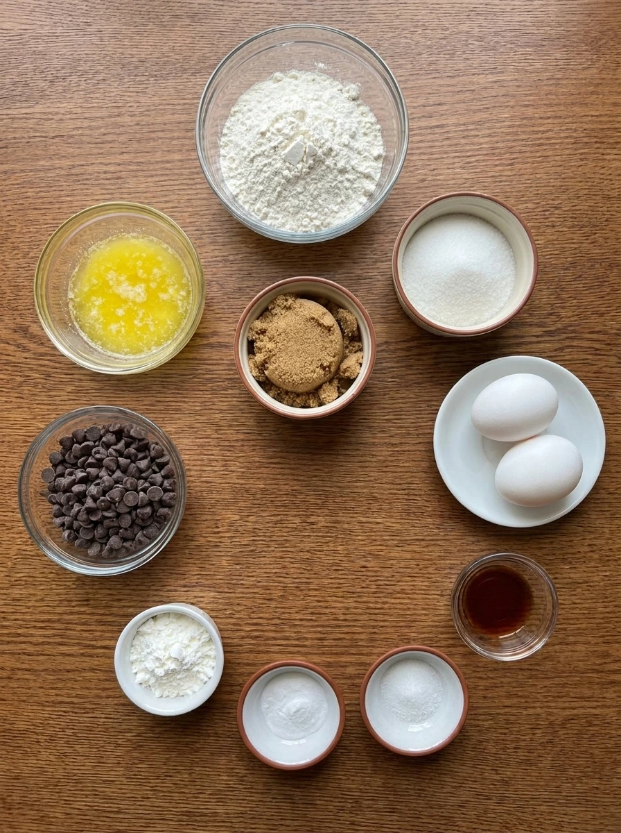 Measured ingredients for Soft Chocolate Chip Cookies in separate small containers.