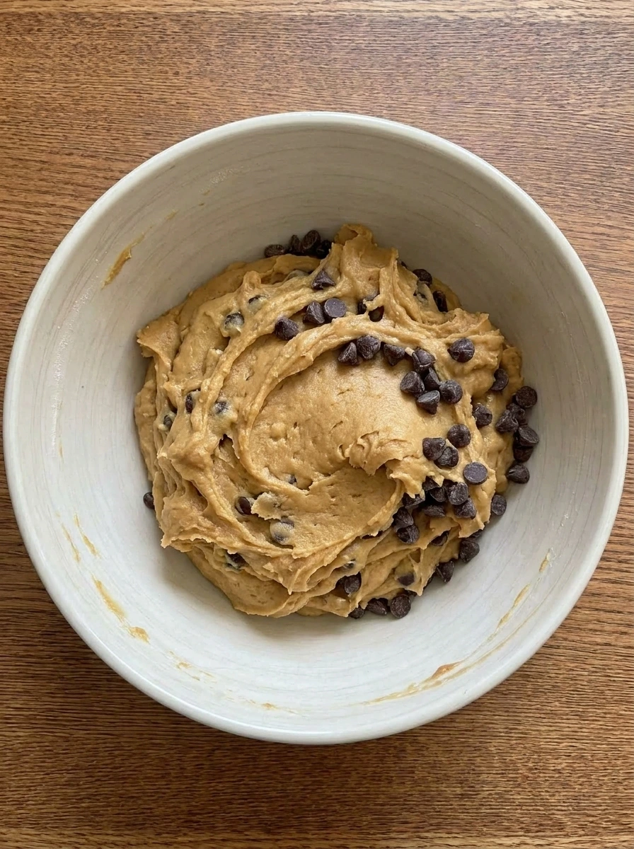 Thick cookie dough with chocolate chips folded in for Soft Chocolate Chip Cookies.