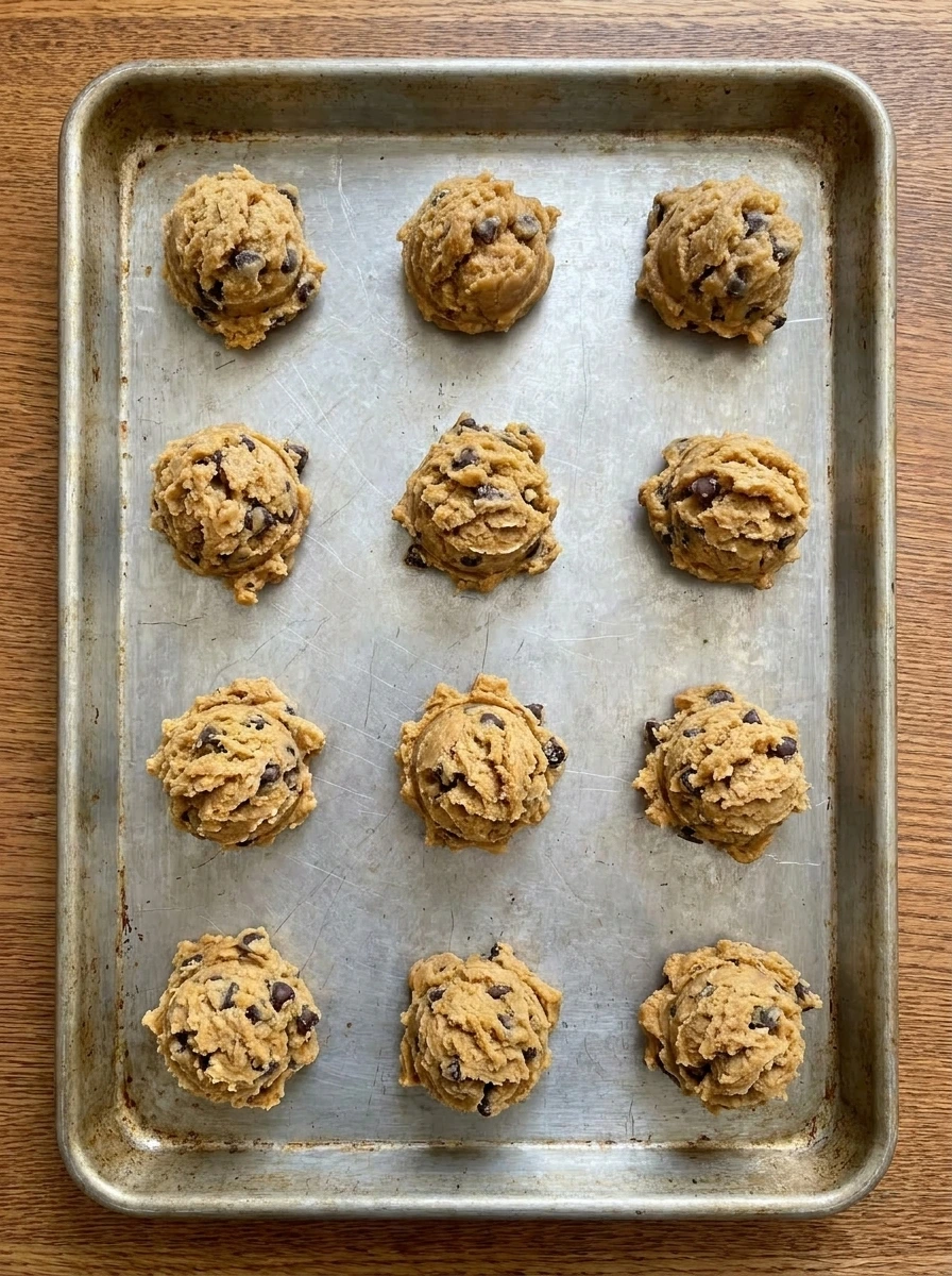Scooped cookie dough portions on a baking tray for Soft Chocolate Chip Cookies.