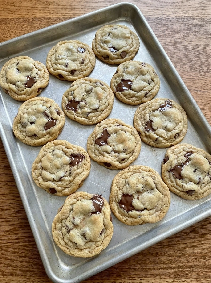 Baked Soft Chocolate Chip Cookies with golden edges on a tray.