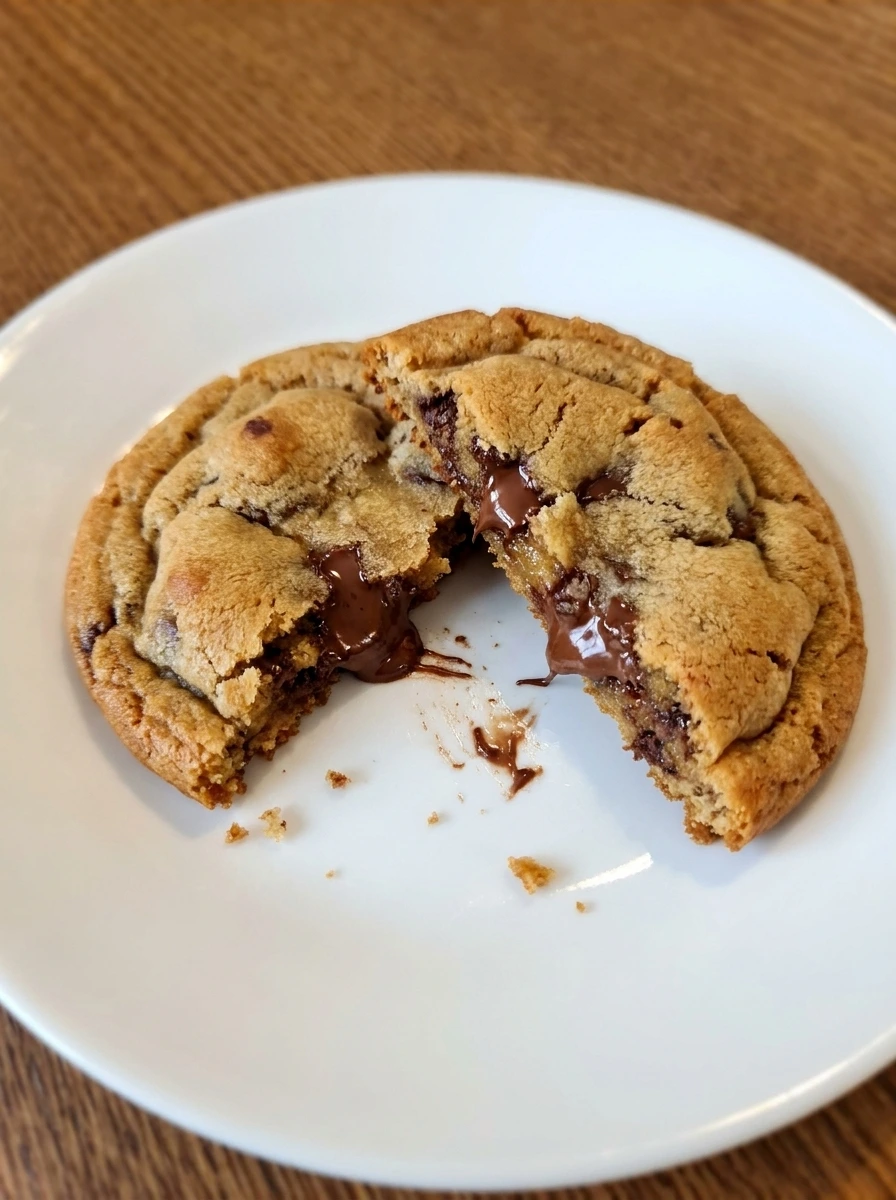 Single Soft Chocolate Chip Cookie on a plate with soft center showing.