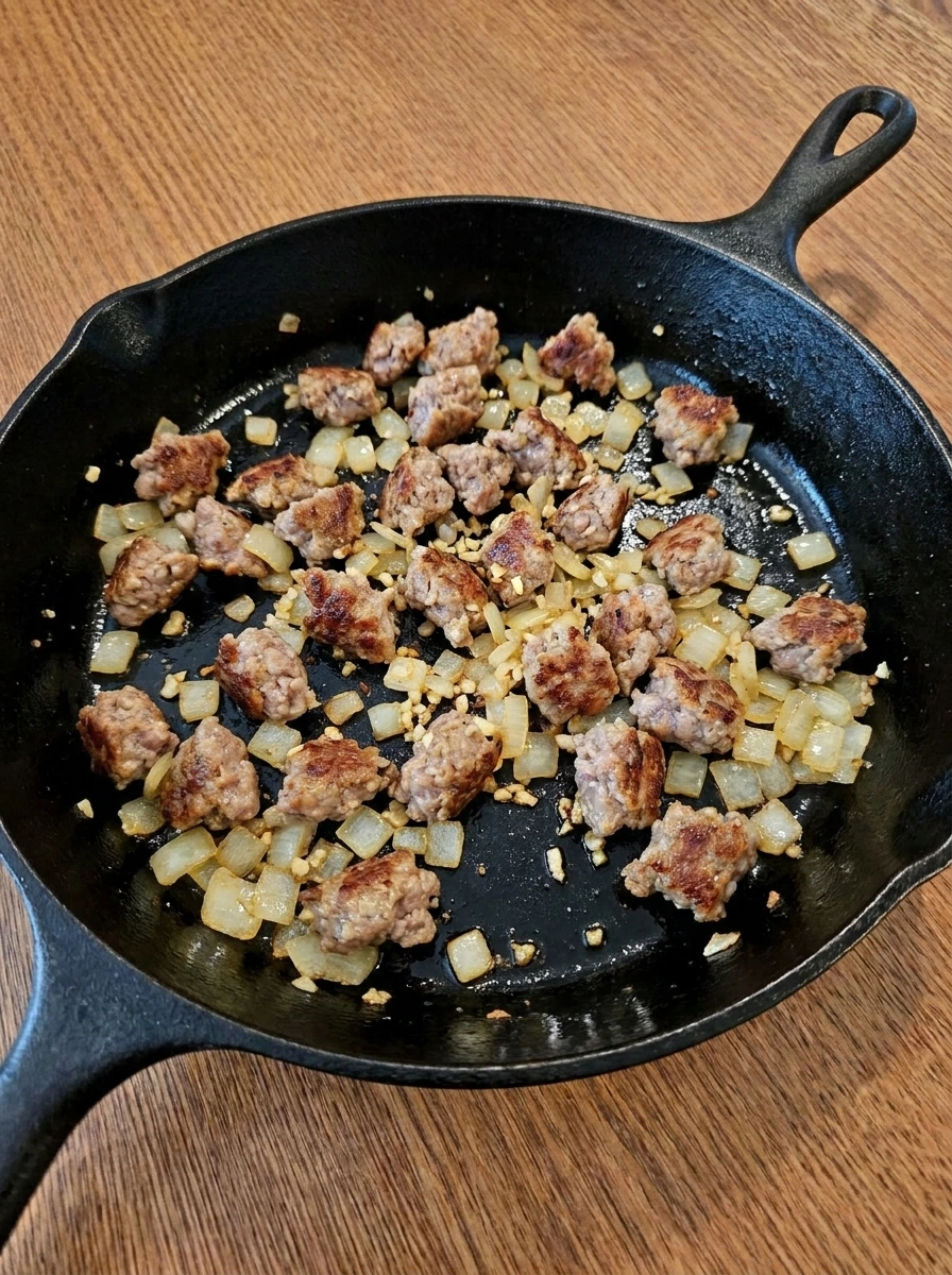 Browned sausage with onion and garlic for Crockpot Sausage Pasta