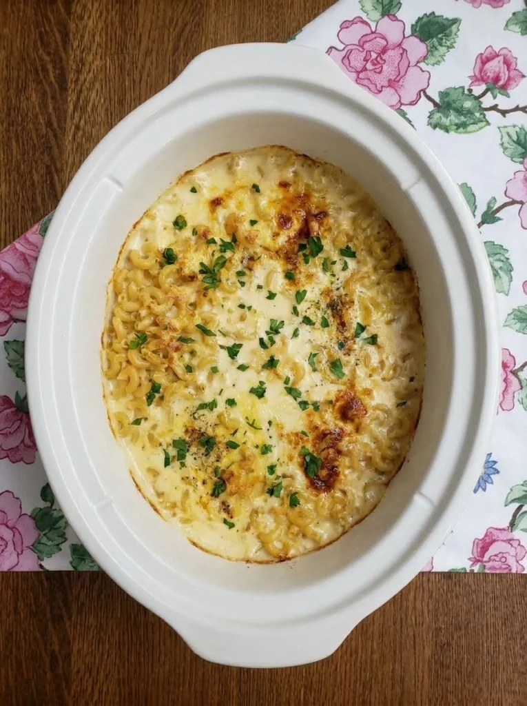 Crockpot Mac and Cheese with melted cheddar and browned edges