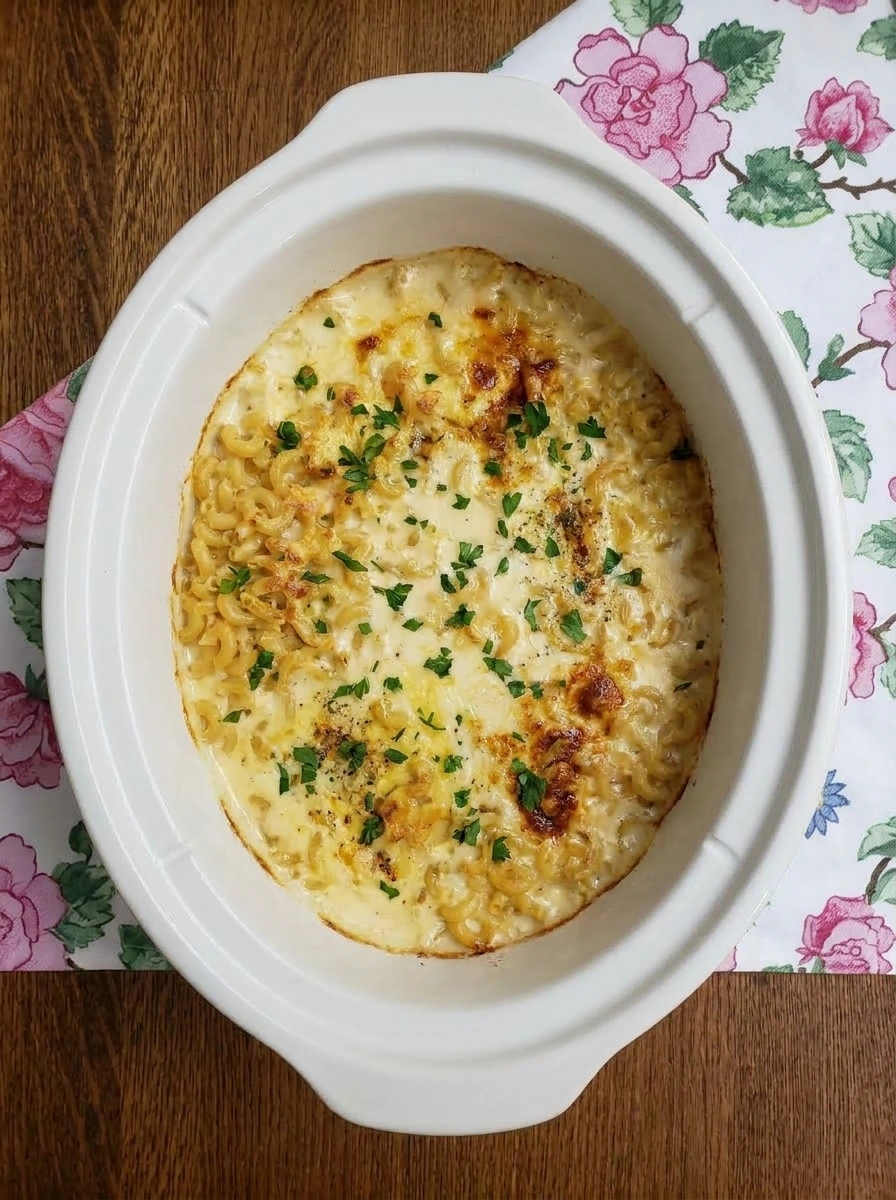 Crockpot Mac and Cheese with melted cheddar and browned edges