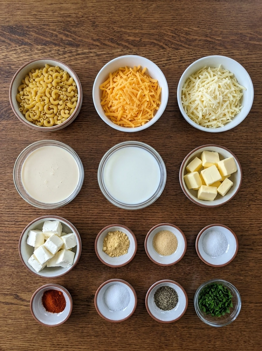 Ingredients for Crockpot Mac and Cheese in separate bowls