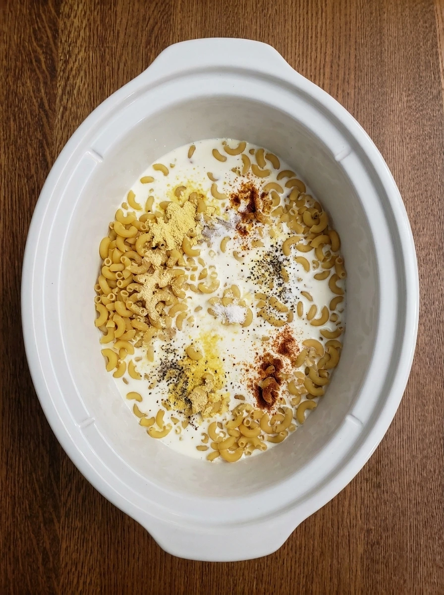 Macaroni with milk and seasonings in crockpot
