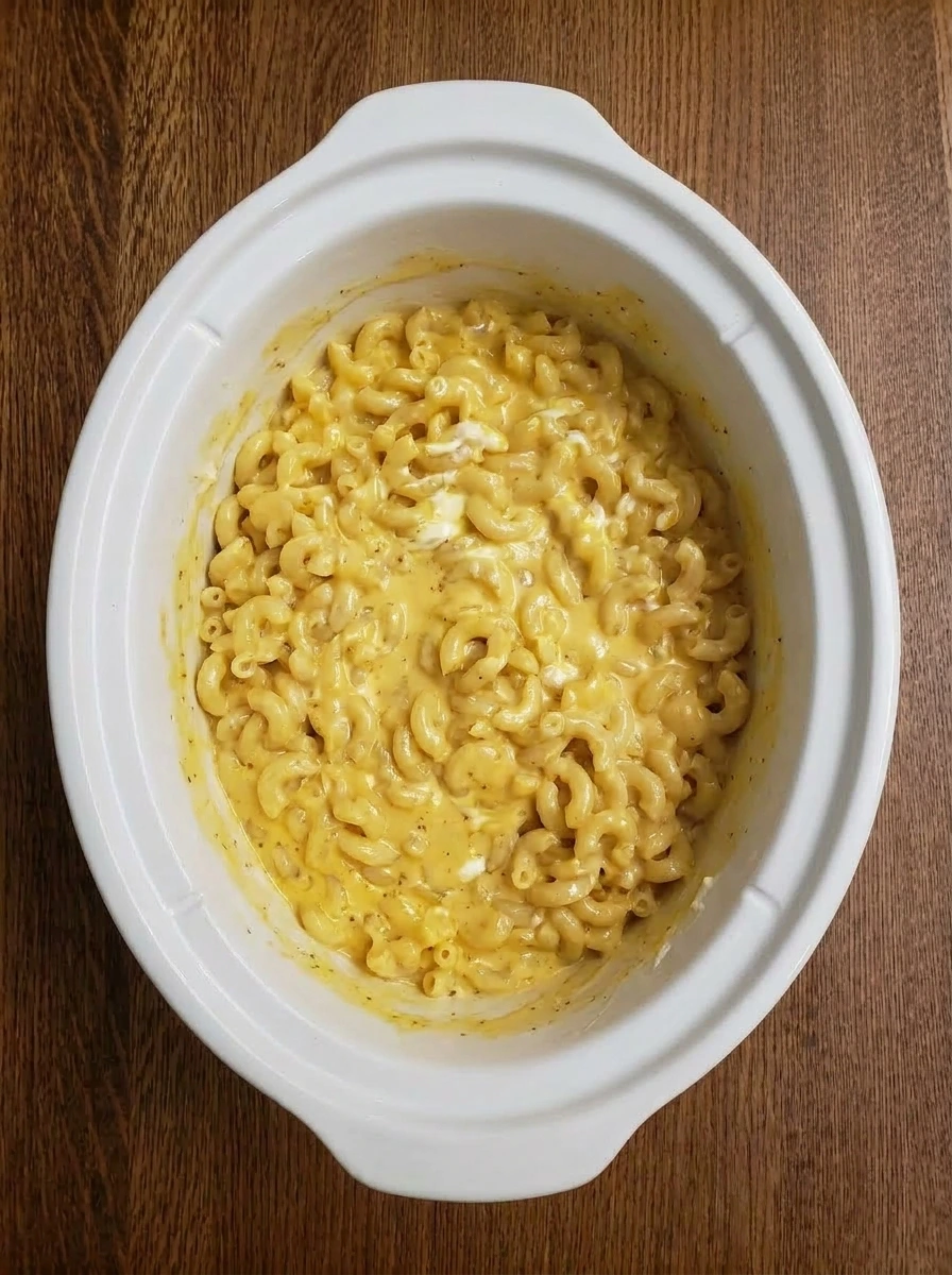 Creamy mac and cheese cooking in crockpot