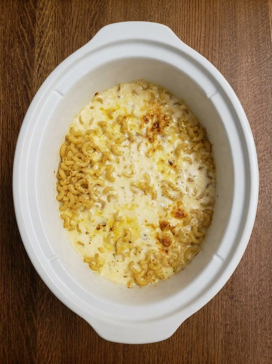 Finished crockpot mac and cheese with browned cheese