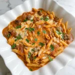 Crockpot Sausage Pasta with creamy tomato sauce and melted cheese