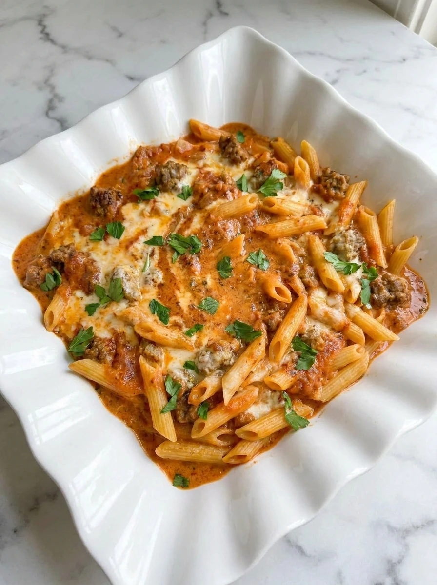 Crockpot Sausage Pasta with creamy tomato sauce and melted cheese