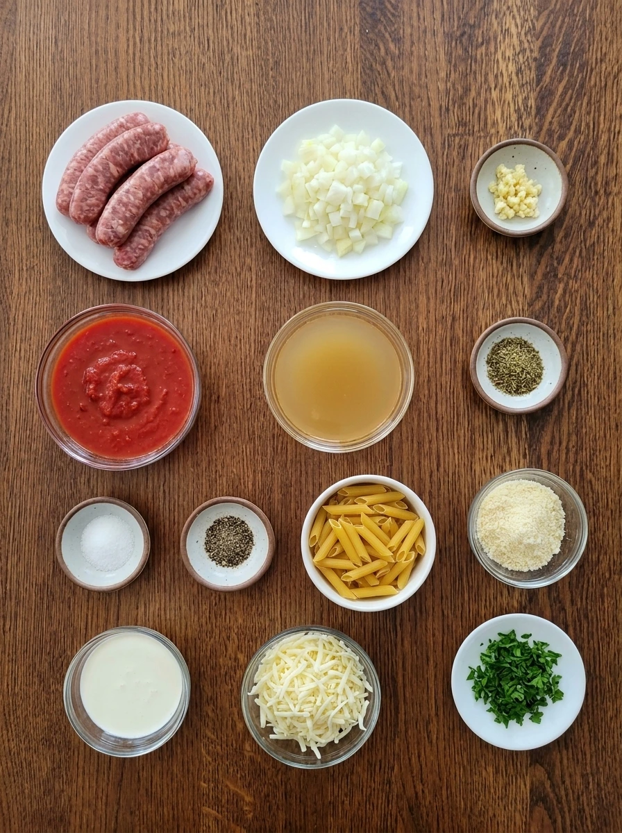 Raw ingredients for Crockpot Sausage Pasta in separate containers