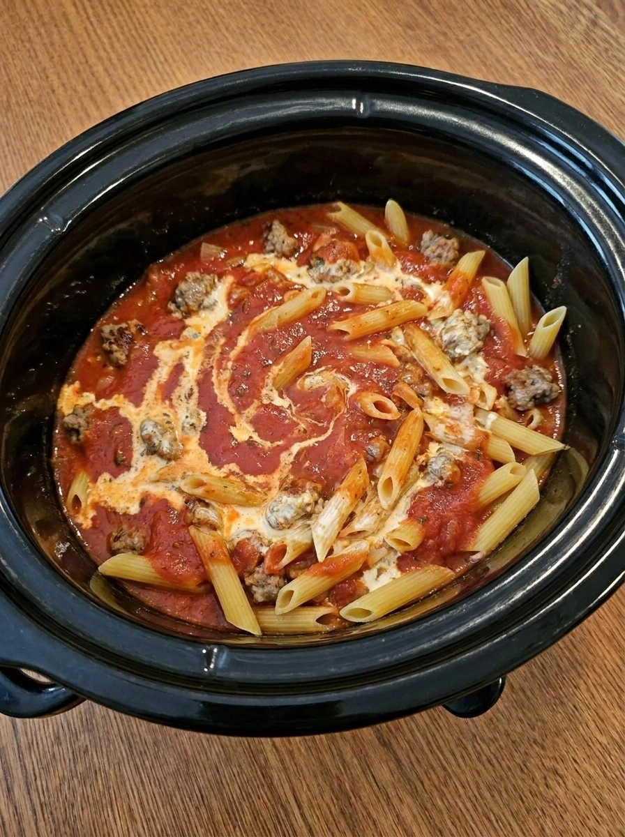 Penne and cream folded into sausage tomato sauce