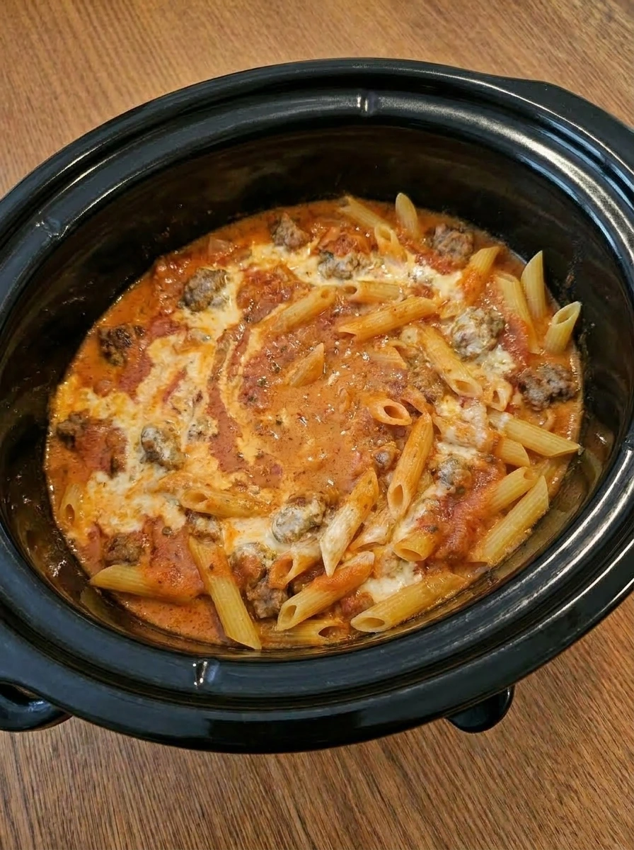 Cheese melted into Crockpot Sausage Pasta