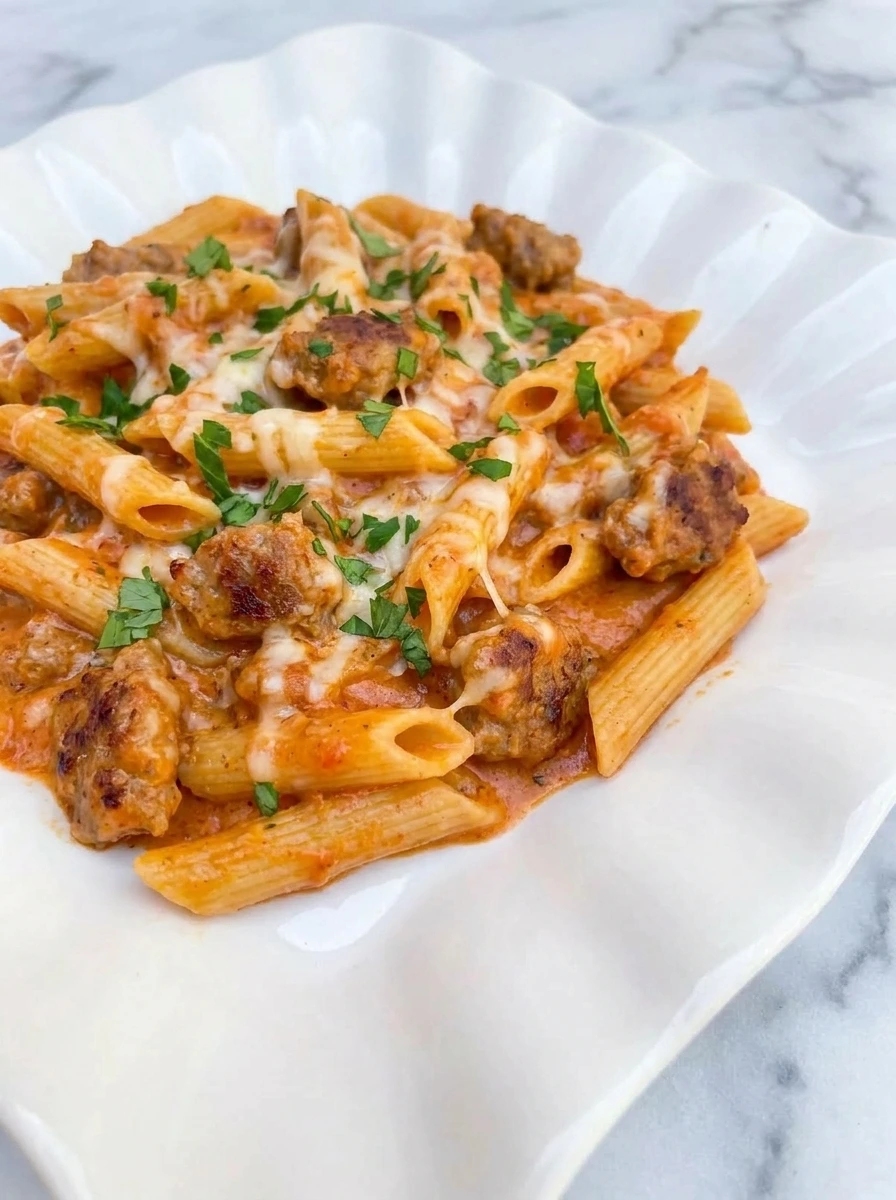 Served portion of Crockpot Sausage Pasta on a white plate