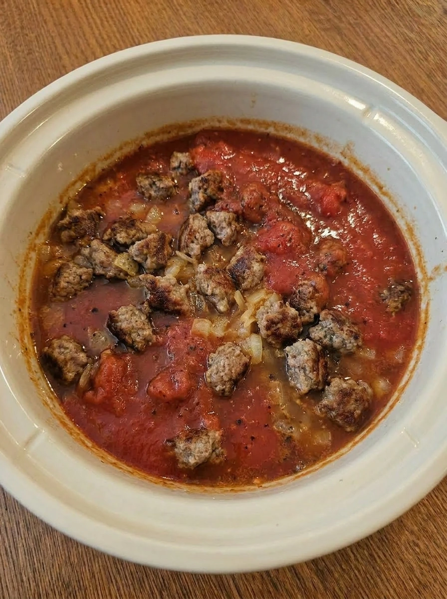 Thickened sausage tomato sauce in crockpot