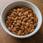 Chili Roasted Pumpkin Seeds piled in a white bowl with crisp golden edges and smoky chili seasoning Recipe focus: how to make chili roasted pumpkin seeds.