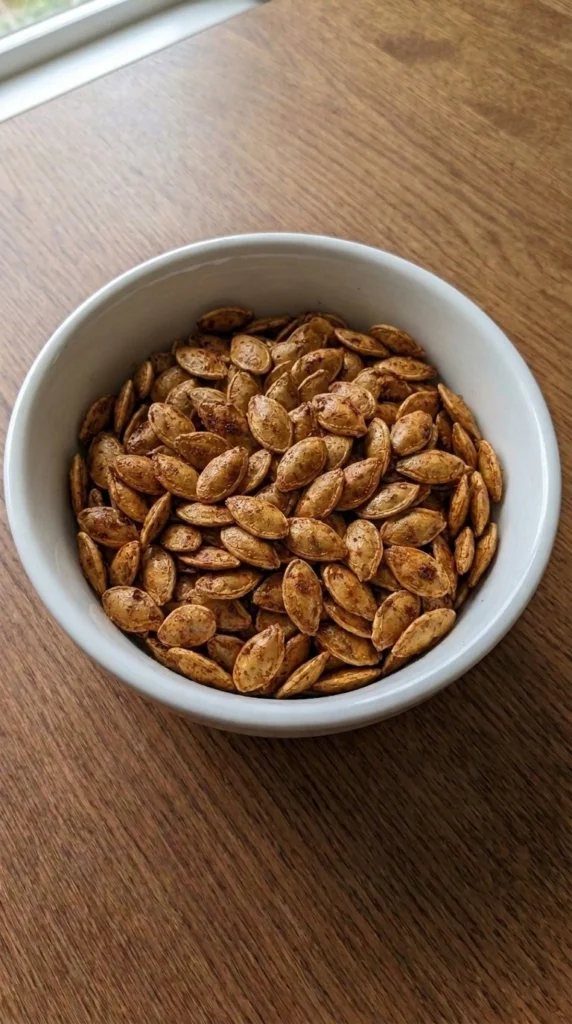 Chili Roasted Pumpkin Seeds piled in a white bowl with crisp golden edges and smoky chili seasoning Recipe focus: how to make chili roasted pumpkin seeds.