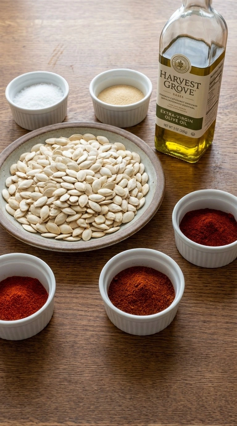 Ingredients for Chili Roasted Pumpkin Seeds including raw pumpkin seeds, olive oil and chili spices Recipe focus: pumpkin seeds recipe salted.