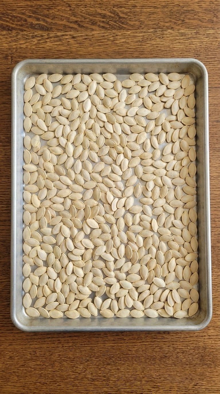Drying raw seeds for Chili Roasted Pumpkin Seeds before adding seasoning Recipe focus: pan roasted pumpkin seeds.