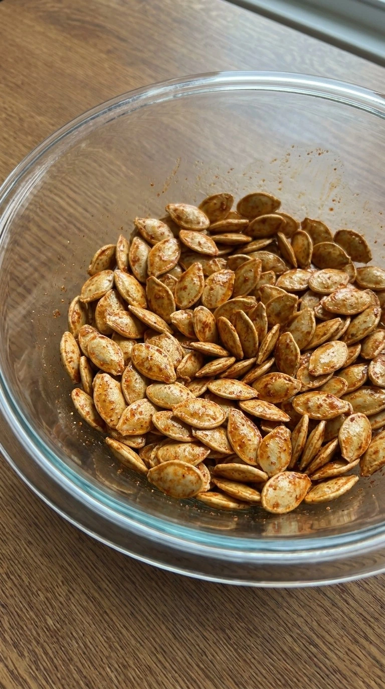Seasoning Chili Roasted Pumpkin Seeds with olive oil, chili powder and smoked paprika Recipe focus: how to bake pumpkin seeds in oven.