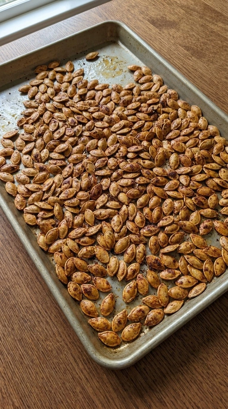 Roasting Chili Roasted Pumpkin Seeds until crisp with golden and deep amber edges Recipe focus: how to make savory pumpkin seeds.