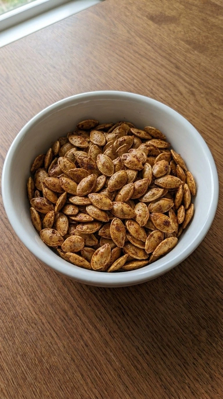 Finished Chili Roasted Pumpkin Seeds served crisp in a white ceramic bowl Recipe focus: cooked pumpkin seeds.