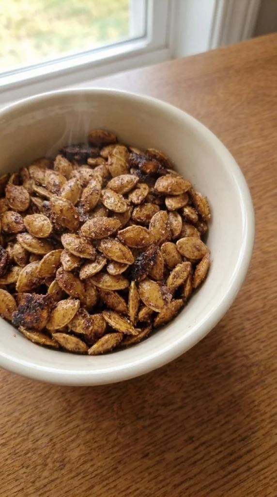 Cinnamon Sugar Roasted Pumpkin Seeds piled in a cream bowl with crisp amber edges and visible cinnamon sugar crystals