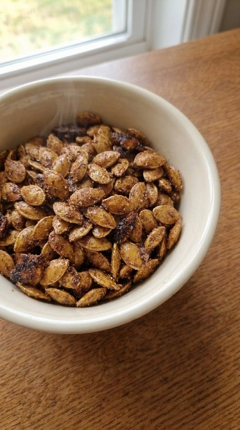 Cinnamon Sugar Roasted Pumpkin Seeds piled in a cream bowl with crisp amber edges and visible cinnamon sugar crystals
