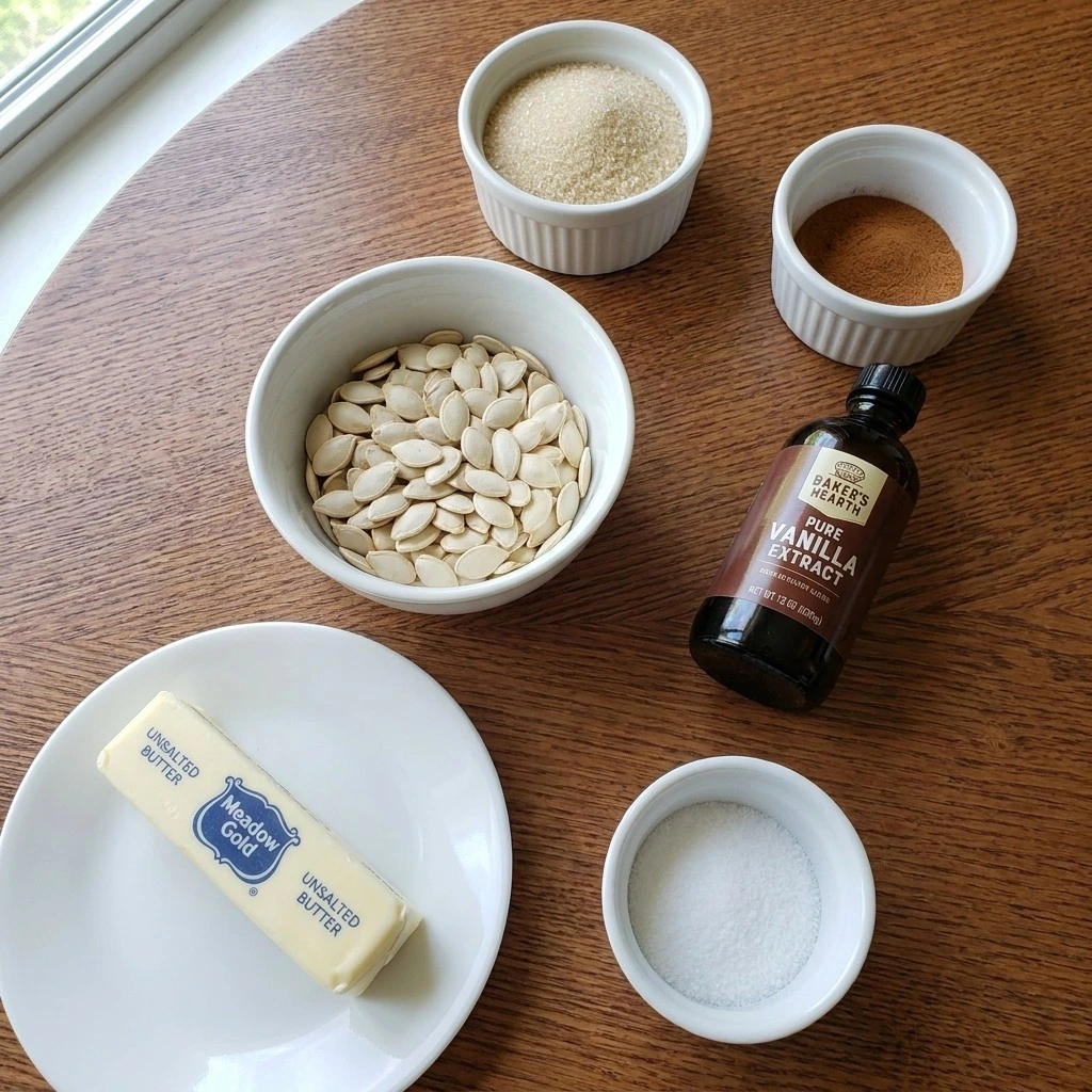 Ingredients for Cinnamon Sugar Roasted Pumpkin Seeds including raw pumpkin seeds, butter, cinnamon, cane sugar, sea salt and vanilla