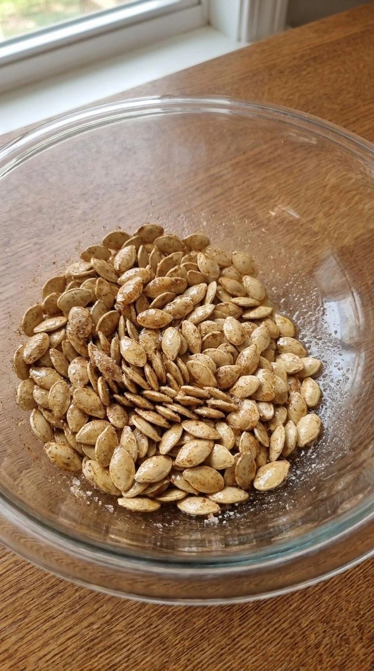 Coating pumpkin seeds with butter and cinnamon sugar for Cinnamon Sugar Roasted Pumpkin Seeds