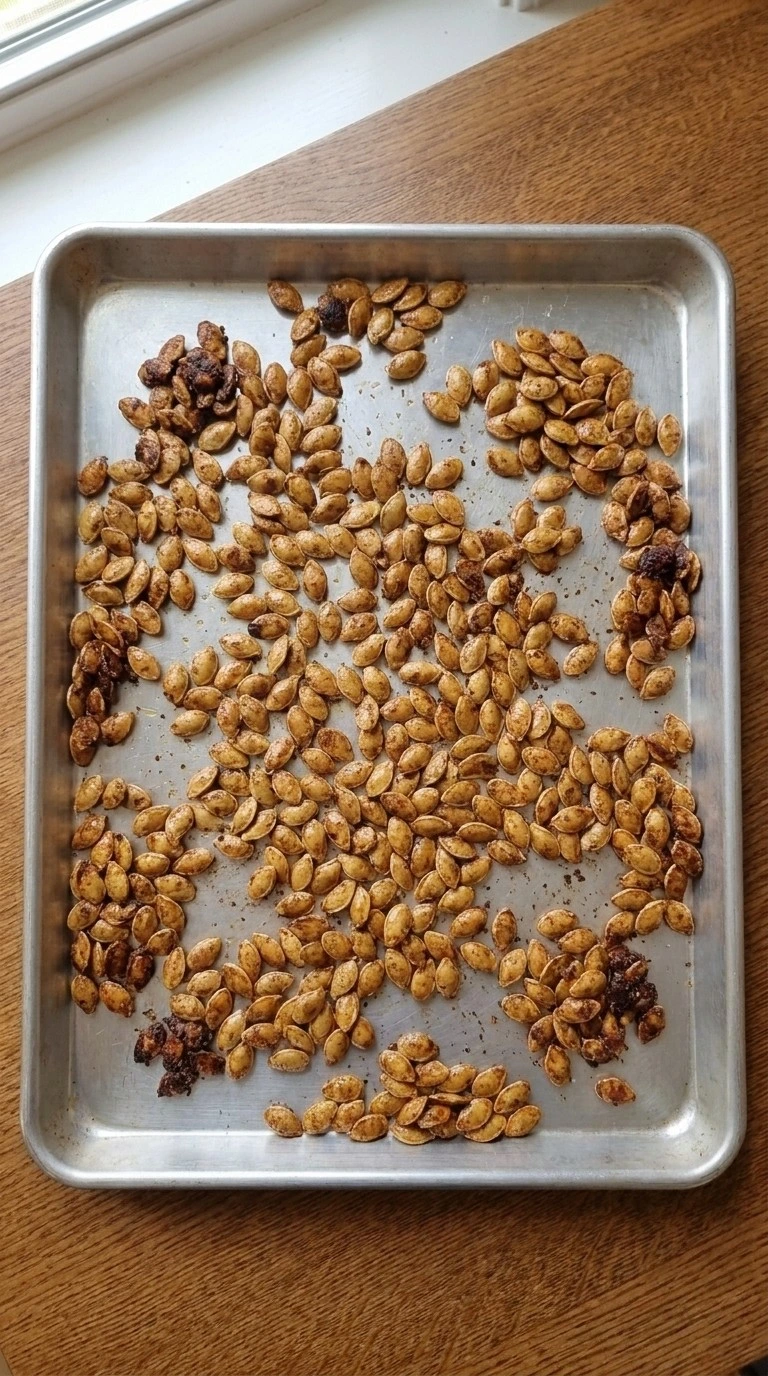 Golden Cinnamon Sugar Roasted Pumpkin Seeds roasting until crisp with caramelized cinnamon sugar coating