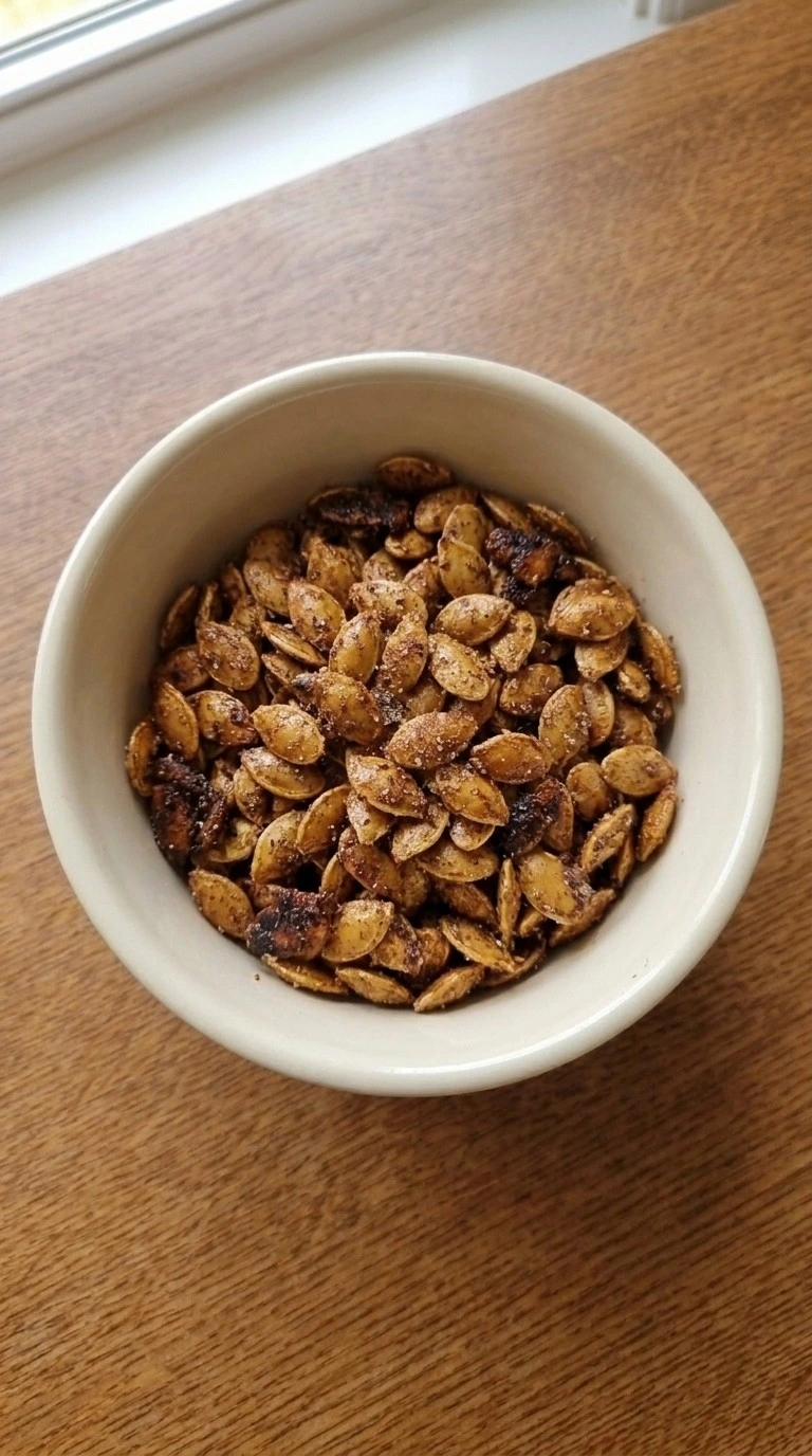 Cooled Cinnamon Sugar Roasted Pumpkin Seeds with crisp shells and sparkling cinnamon sugar crystals