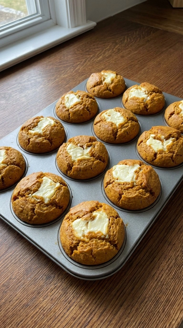 Copycat Starbucks Pumpkin Muffins baking with golden cracked tops and cream cheese centers Recipe focus: pumpkin cheesecake muffins.