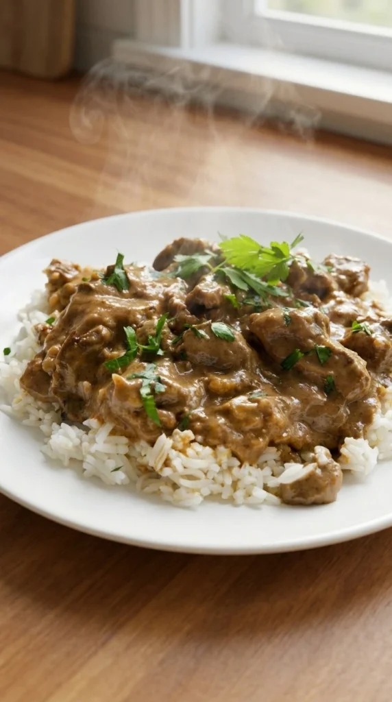 Crockpot Beef Tips and Gravy finished dish with tender beef tips and glossy gravy over rice Recipe focus: beef tips and gravy crockpot easy.