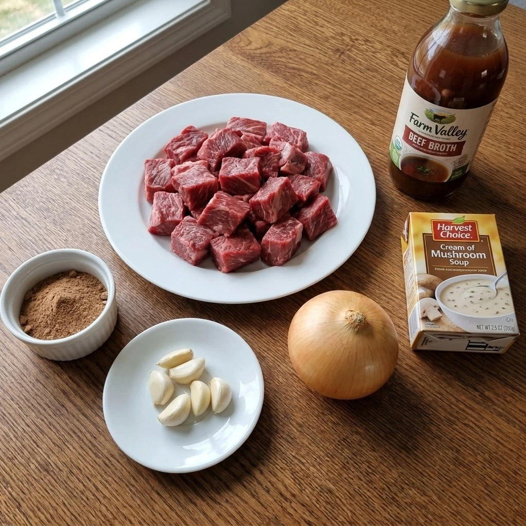 Crockpot Beef Tips and Gravy ingredients with beef chuck and gravy components Recipe focus: easy beef tips and gravy stove top.